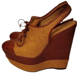 Stuart Weitzman Itsatie Brown Leather Oxford Wedge Slingback Oxford Size 7.5